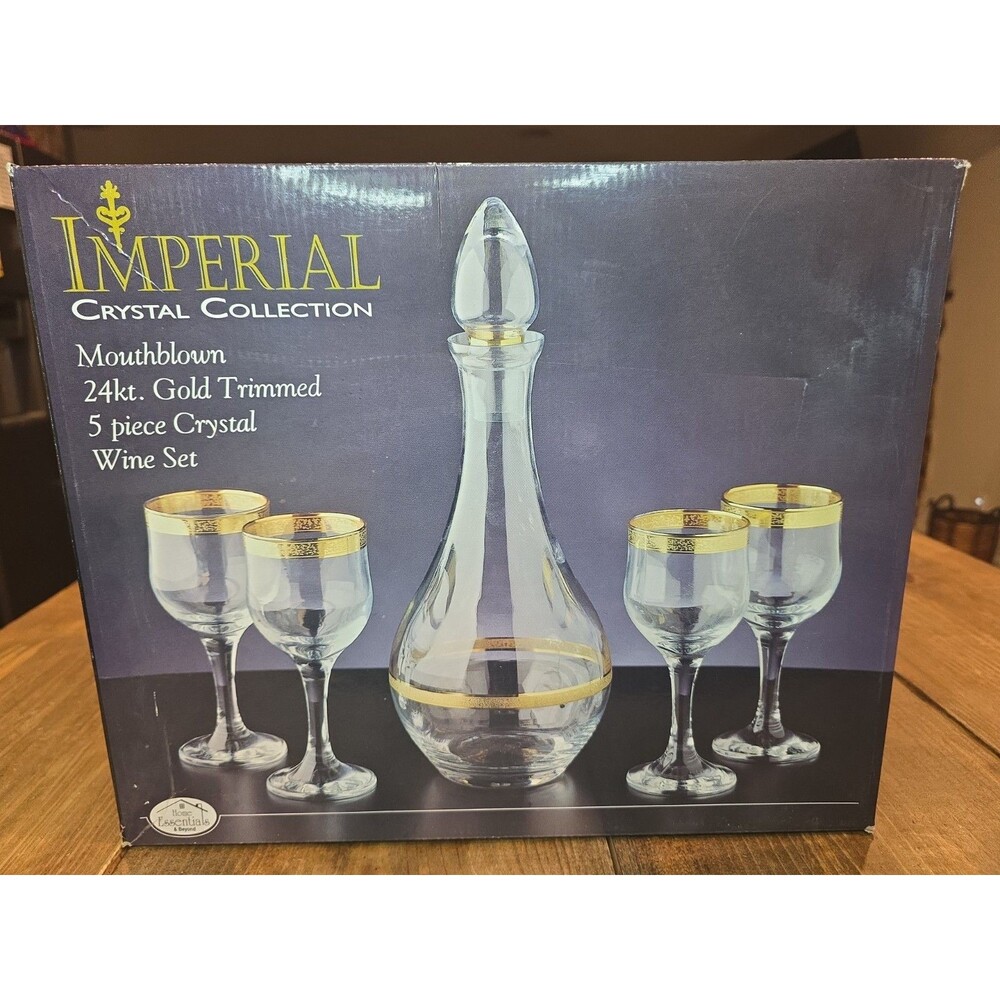 Imperial Crystal Collection 5 Piece Wine Set Mouthblown 24K Gold Trimmed